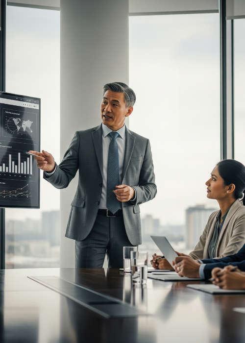 Flat-style illustration of a business meeting with a woman presenting a performance report to her colleagues, symbolizing teamwork, leadership, and growth.