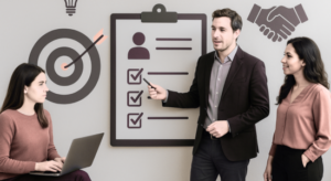 A diverse group of professionals discussing human resources strategies in a modern office setting, with icons representing goals, collaboration, and performance management.