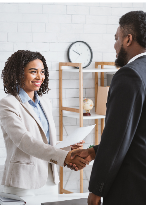 Flat illustration showing the stages of a recruitment process, including application, selection, interview, and hiring, represented by professionals interacting in a modern office.